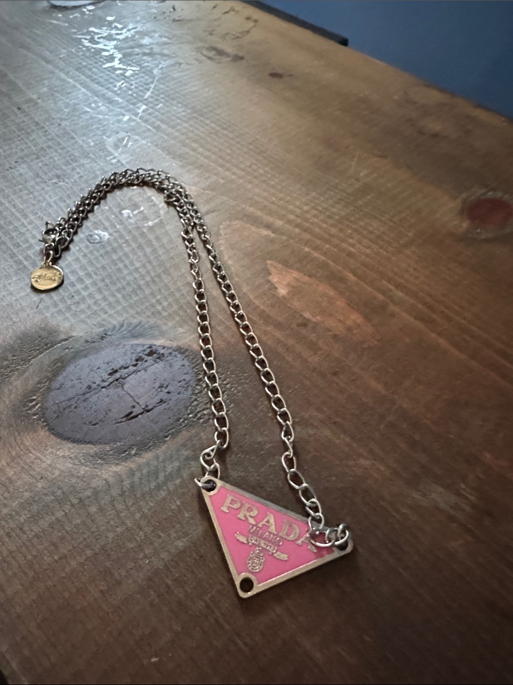 Prada Pink Triangle Logo Necklace with Silver Chain